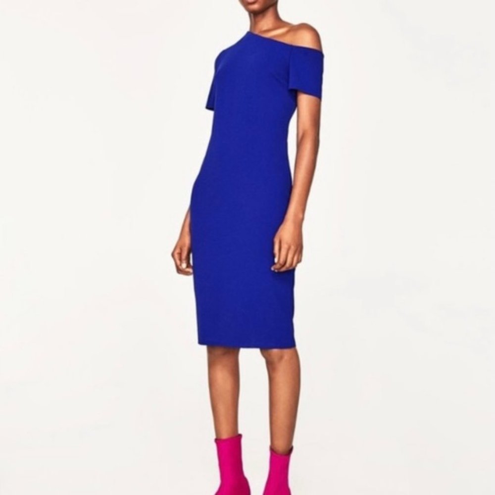 Zara Royal Blue Off Shoulder Dress Asymmetrical Neckline - NWT